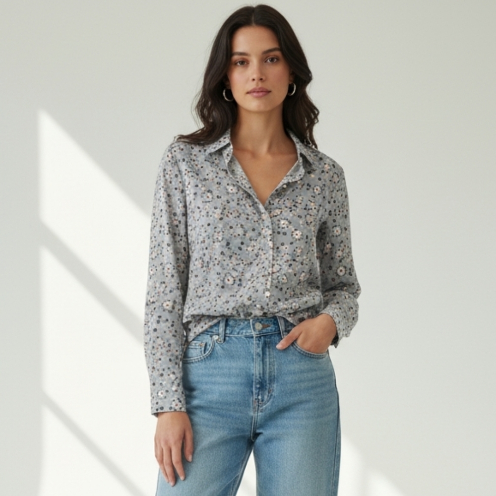 Misslook Gray Floral Button Down Blouse M